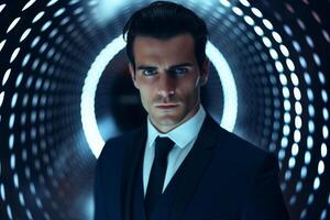 Confident businessman in futuristic setting photo
