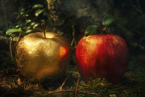 Golden and Red Apples Resting on Forest Floor photo