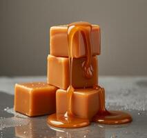 Caramel cubes with dripping sauce on a reflective surface photo