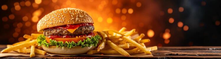 Delicious burger with fries on a rustic wooden table against a warm, glowing background photo