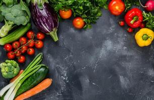 Assortment of fresh vegetables on a dark slate background photo