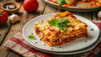 Delicious homemade lasagna served on a rustic wooden table photo