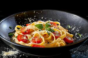 Freshly prepared pasta with tomatoes and basil sprinkled with parmesan photo
