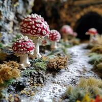 Vibrant Red and White Mushrooms in a Mystical Forest Setting photo
