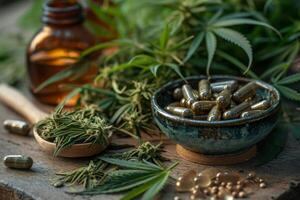 Herbal supplements and cannabis leaves on a rustic wooden table photo