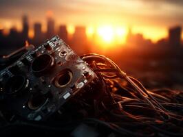 Futuristic technology ruins at sunset with city skyline in the background photo