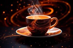 Steaming Coffee Cup with Swirling Light Patterns photo
