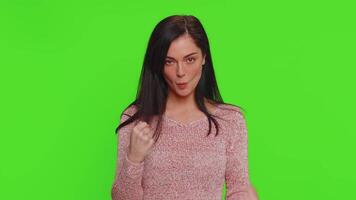 Angry aggressive woman trying to fight at camera, shaking fist, boxing with expression, punishment video