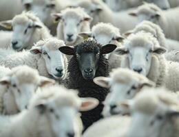 Black sheep standing out in a crowd of white sheep photo