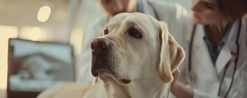 Veterinarian examining a concerned Labrador Retriever with owner photo