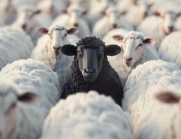 Black sheep standing out in a crowd of white sheep photo