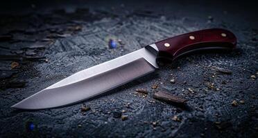 Close up of a sharp hunting knife on a textured surface photo