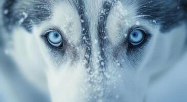 Intense blue eyes of a snow covered husky photo