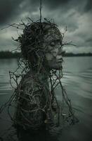 Mysterious figure emerging from water with branches photo