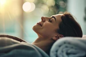 Woman relaxing at home with a serene expression photo