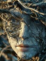 Mystical portrait of a person with a face covered in branches and textured patterns photo