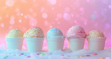 Colorful ice cream scoops in cups against a sparkling background photo