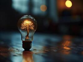 Tree growing inside a light bulb on a reflective surface photo
