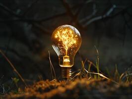 Glowing light bulb in a natural setting at twilight photo