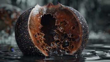 Intricate seed pod resting on a wet surface with water droplets photo