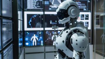Advanced humanoid robot in a high tech control room photo