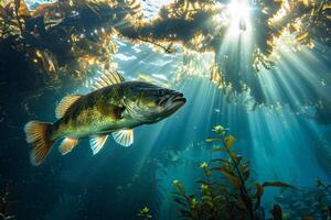 Sunlight Filtering Through Water Illuminating a Fish in a Serene Underwater Scene photo