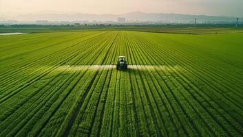 Tractor Spraying Pesticides on Lush Green Field at Sunset photo