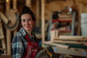 Confident female carpenter with power tool in a workshop photo