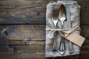 Elegant silverware set with rustic presentation on wooden background photo