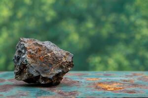 Rusty iron ore on a weathered metal surface with a blurred green background photo