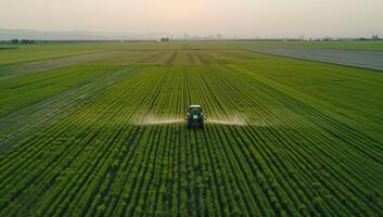 Aerial view of a tractor spraying crops in a lush green field at dusk photo