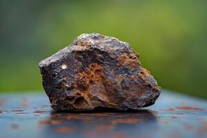 Close up of a weathered, rusty rock on a textured surface photo