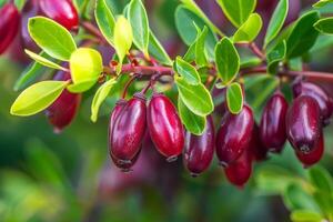 Ripe barberries on a branch with vibrant green leaves photo