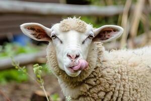 Sheep licking its nose in a farm setting photo
