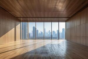 Modern empty office with large windows and city skyline view photo