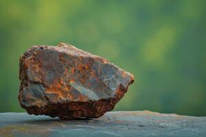 Rusty rock on a smooth surface with a blurred green background photo