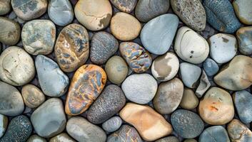 Smooth river stones in a variety of colors and patterns photo