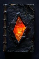 Mystical ancient book with glowing crystal embedded in the cover photo