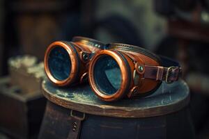 Vintage steampunk goggles on a rustic wooden surface photo
