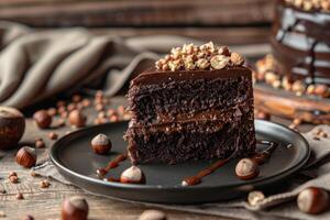 Decadent chocolate hazelnut cake slice on a dark plate photo
