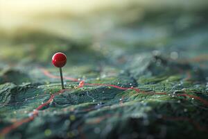Red pin on a detailed topographic map highlighting a specific location photo