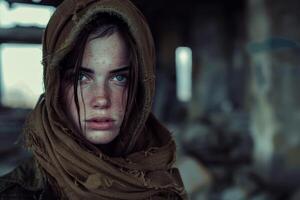 Mysterious woman with a hood in a rugged setting photo