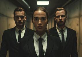 Professional team of corporate security agents in a hallway photo