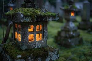 Illuminated stone lantern in a serene garden at dusk photo