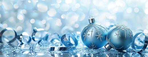 Elegant Blue Christmas Ornaments with Sparkling Background photo