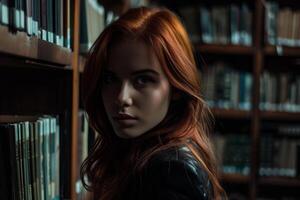Young woman browsing through books in a dimly lit library photo