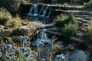 Serene Waterfall in a Lush Countryside Setting photo