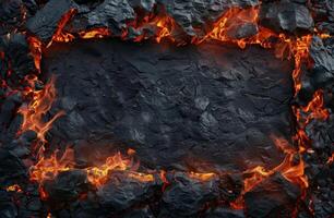 Fiery lava flowing through cracked volcanic rocks photo