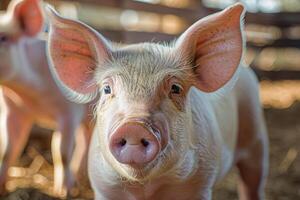 Close up of a curious piglet on a farm photo