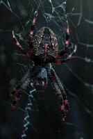 Close up of a spider on its web in a dark background photo